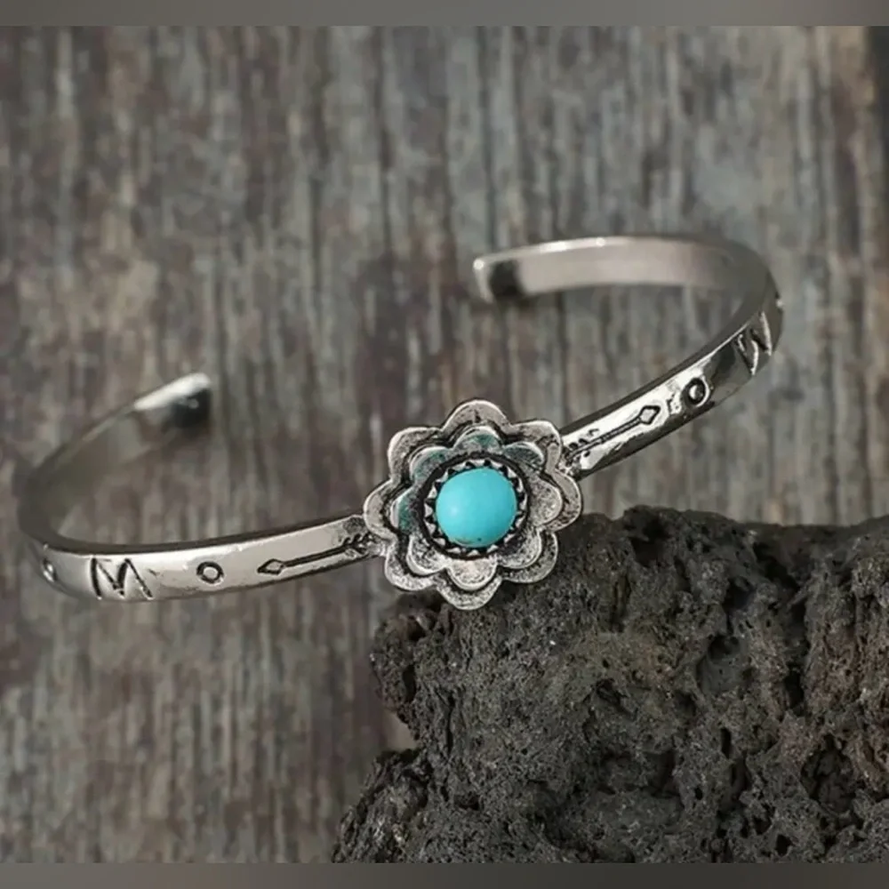 Silver Plated Floral Boho Bracelet with Turquoise Accent - Picture 2 of 5